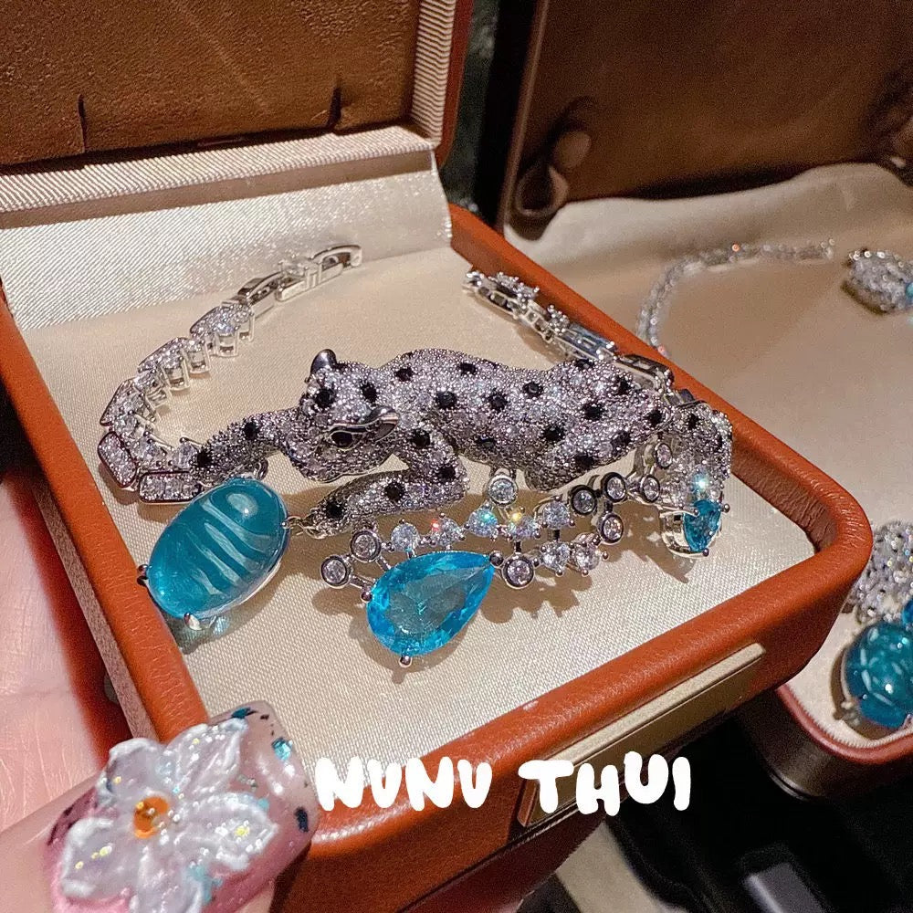 Jewelry, Italian vintage leopard egg-shaped gemstone necklace, wedding banquet, yellow fluorite leopard bracelet, set,blue