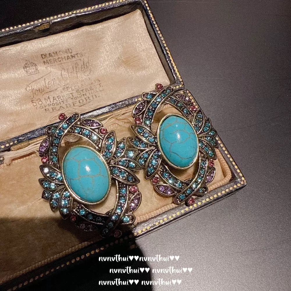 Italian vintage relief petal turquoise teardrop earrings, courtly teardrop blue turquoise ear pendants