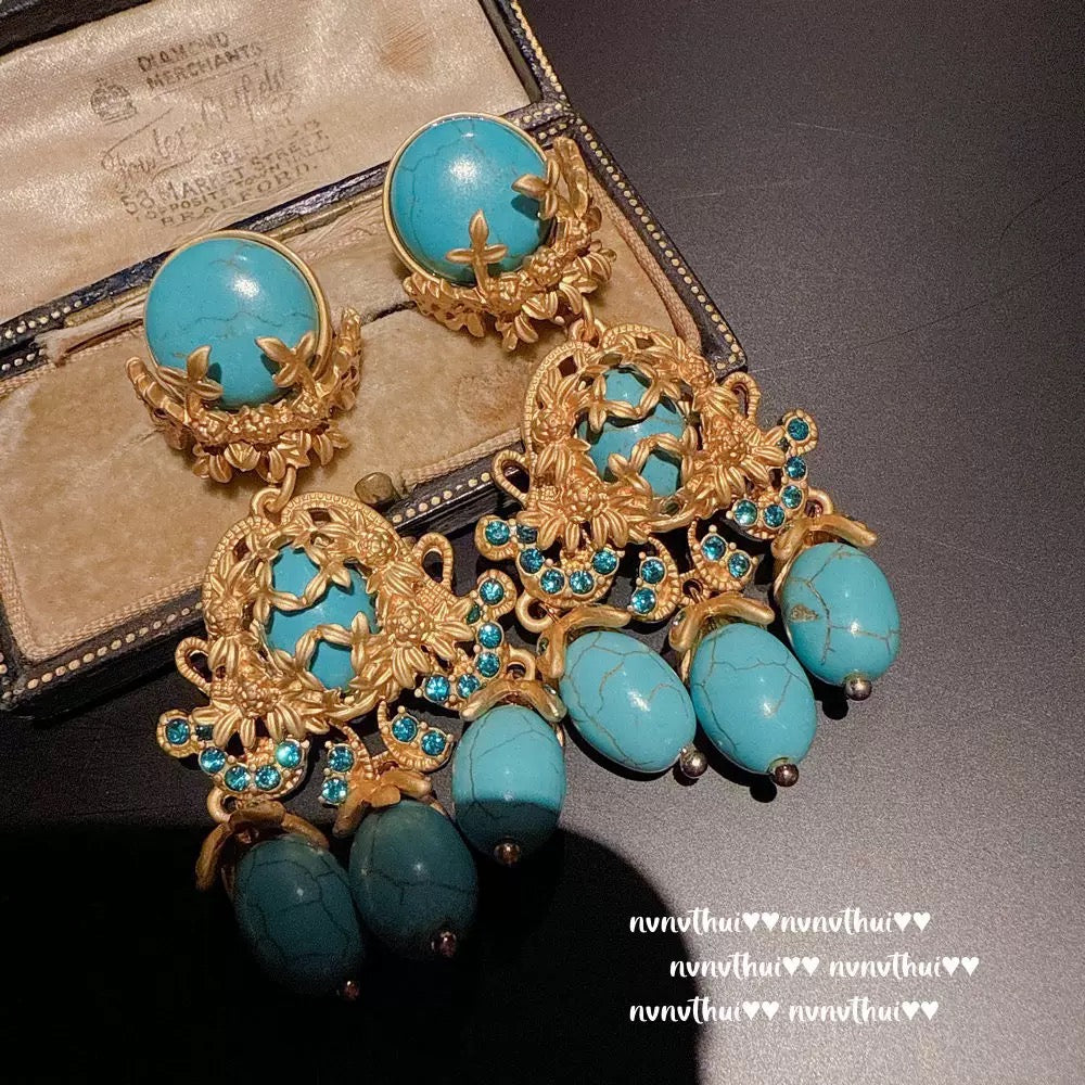 Italian vintage relief petal turquoise teardrop earrings, courtly teardrop blue turquoise ear pendants