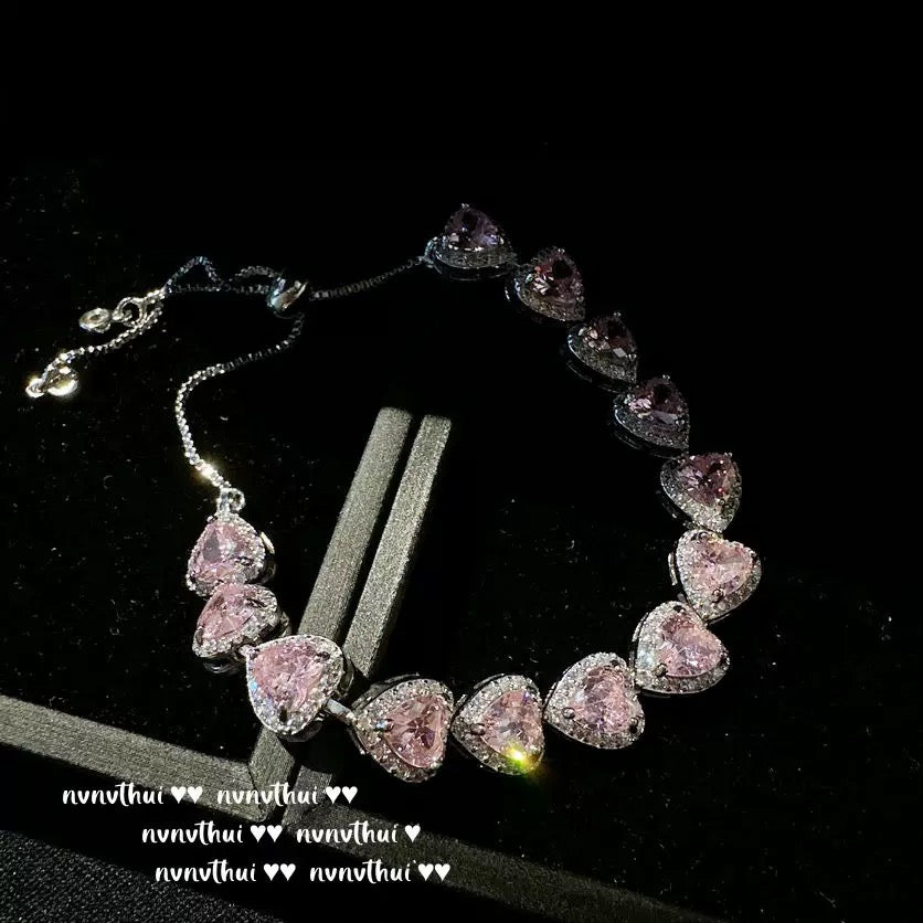 Sweetheart Peach Pink Heart-shaped Gemstone Bracelet, Starry River Sparkling 18K Gold Plated, Candy Pink Heart-shaped Zircon Necklace, Ring, Set