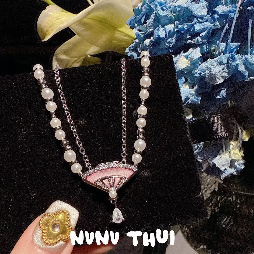 Italian vintage scallop pearl mother-of-pearl necklace, light luxury jewelry, court pink mother-of-pearl fan-shaped earrings and ring