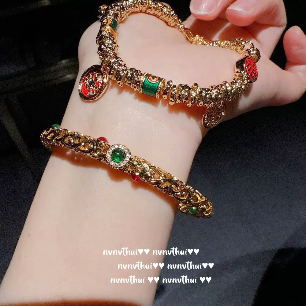 Ancient-style golden filigree, auspicious cloud-shaped jade and carnelian bracelet, new Chinese style, bell-shaped gourd entwined bracelet.