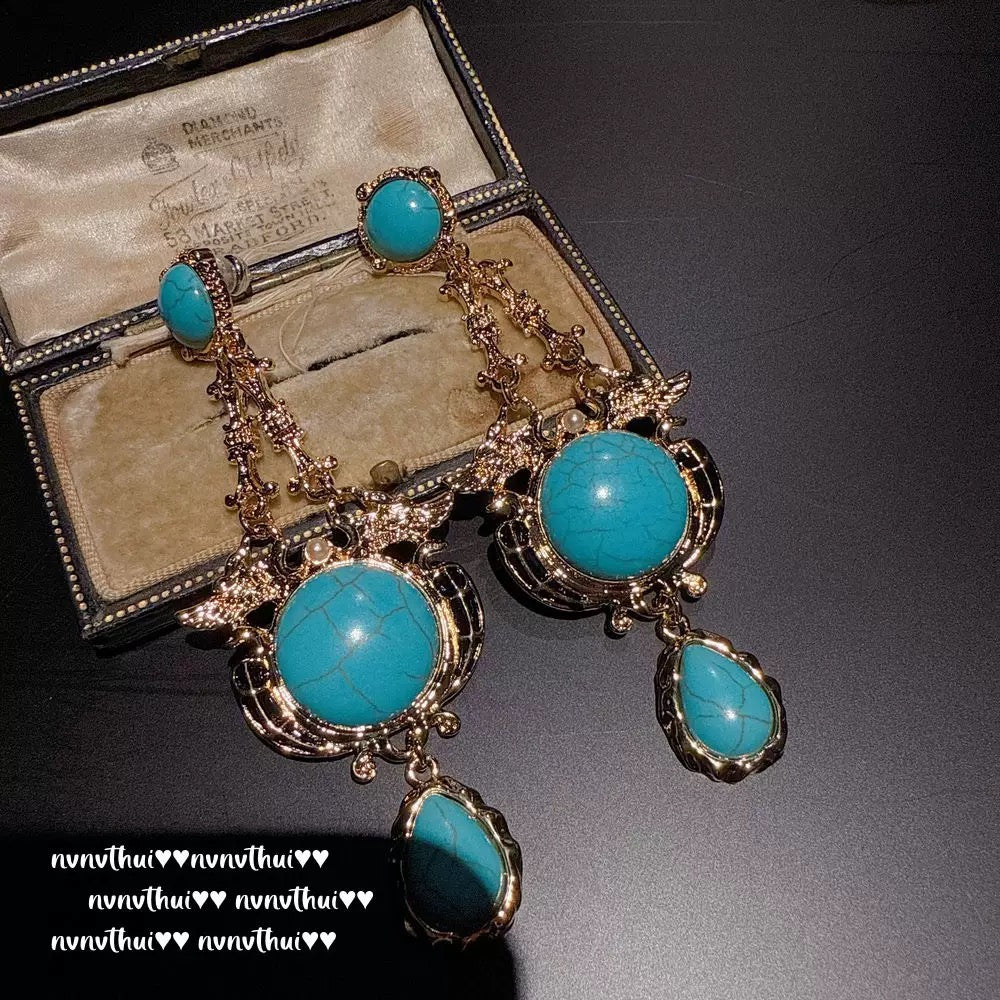 Italian vintage relief petal turquoise teardrop earrings, courtly teardrop blue turquoise ear pendants