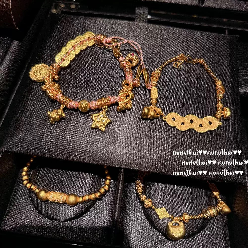 Ancient-style golden inlaid star-shaped small yellow fish coiled bracelet, new Chinese style, rich lady, copper coin gourd fortune bead bracelet