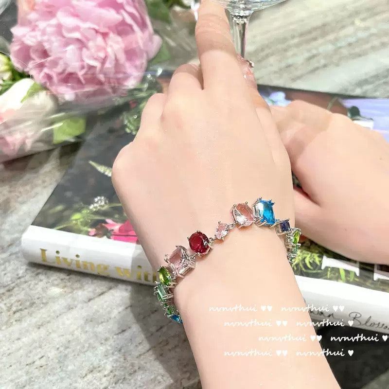 Colorful Candy Colored Gemstone Necklace, Designer 18K Gold Plated Rainbow Zircon Crystal Bracelet Set