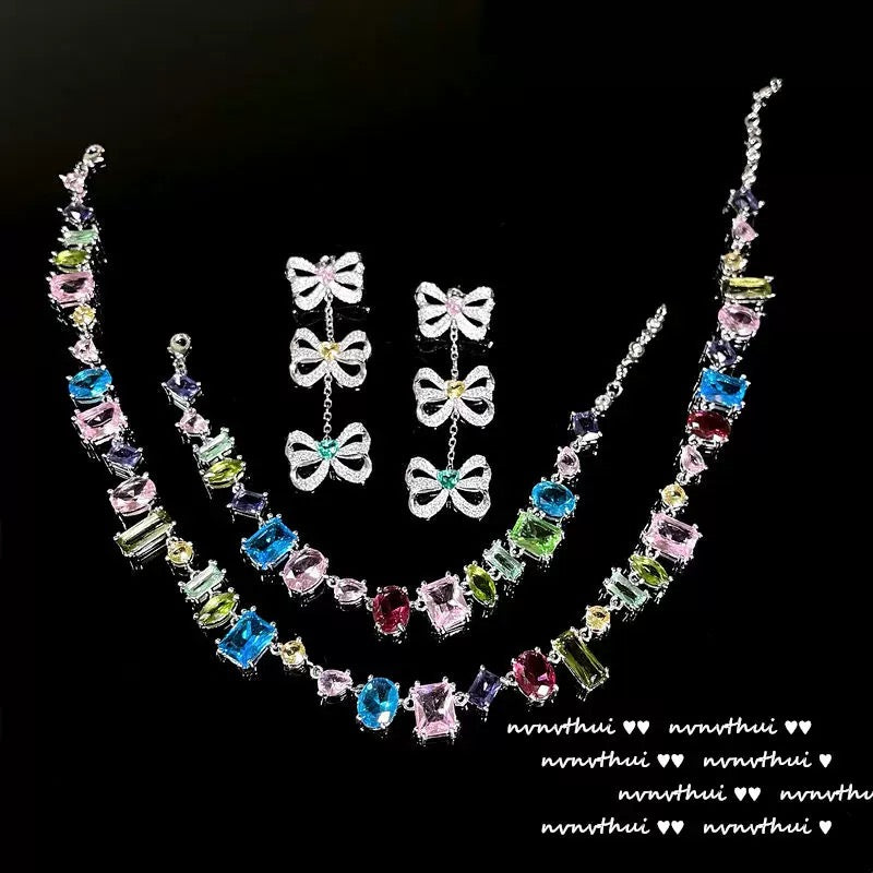 Colorful Candy Colored Gemstone Necklace, Designer 18K Gold Plated Rainbow Zircon Crystal Bracelet Set