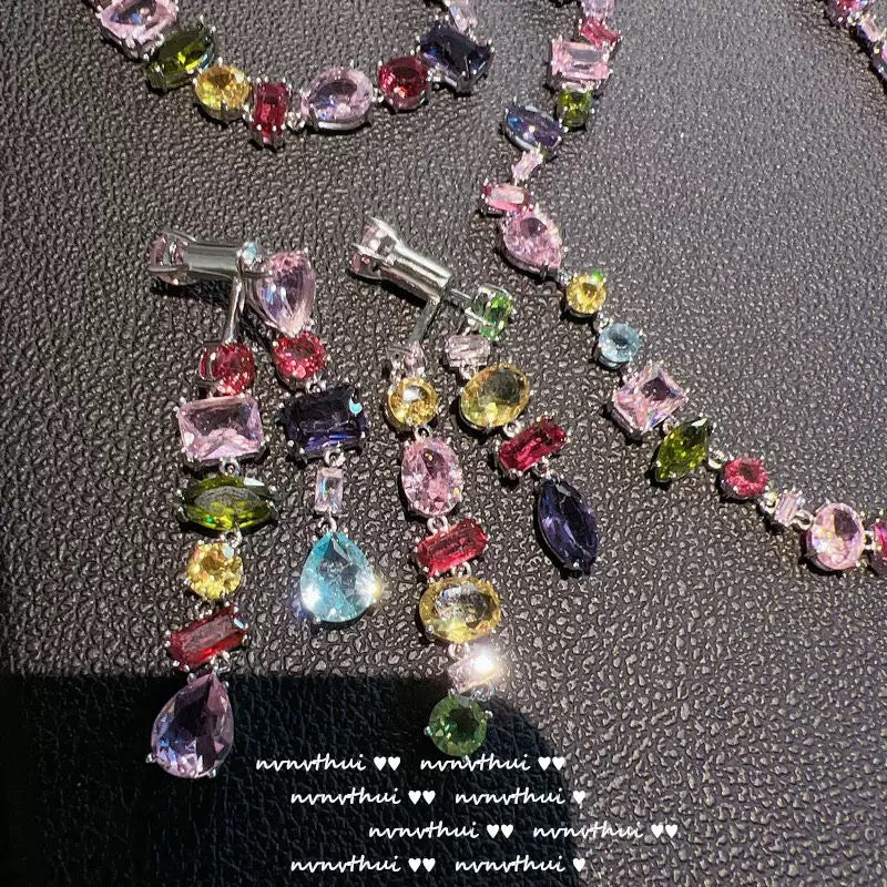 Colorful Candy Colored Gemstone Necklace, Designer 18K Gold Plated Rainbow Zircon Crystal Bracelet Set