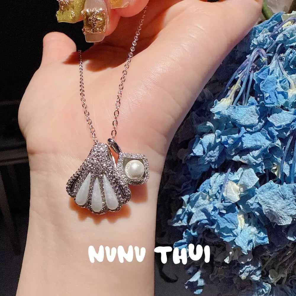 Italian vintage scallop pearl mother-of-pearl necklace, light luxury jewelry, court pink mother-of-pearl fan-shaped earrings and ring