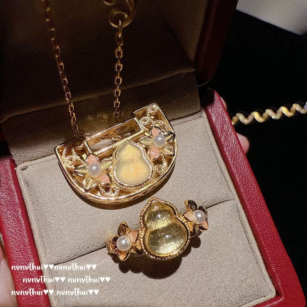 Ancient-style filigree peach, cardamom, gourd and peace lock necklace, new Chinese style, eight-sided wealth-bringing copper coin ring set