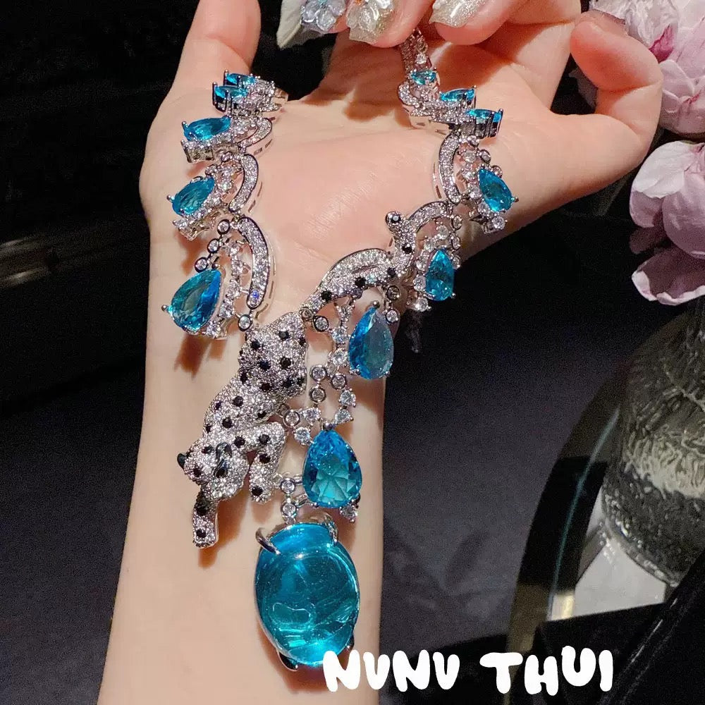 Jewelry, Italian vintage leopard egg-shaped gemstone necklace, wedding banquet, yellow fluorite leopard bracelet, set,blue
