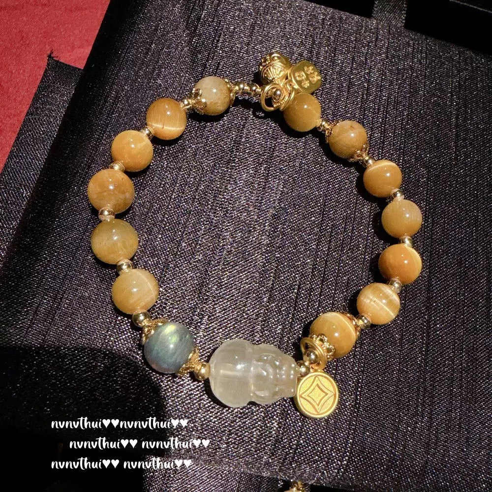 Ancient-style golden engraved and inlaid aphorism lucky charm yellow crystal bracelet