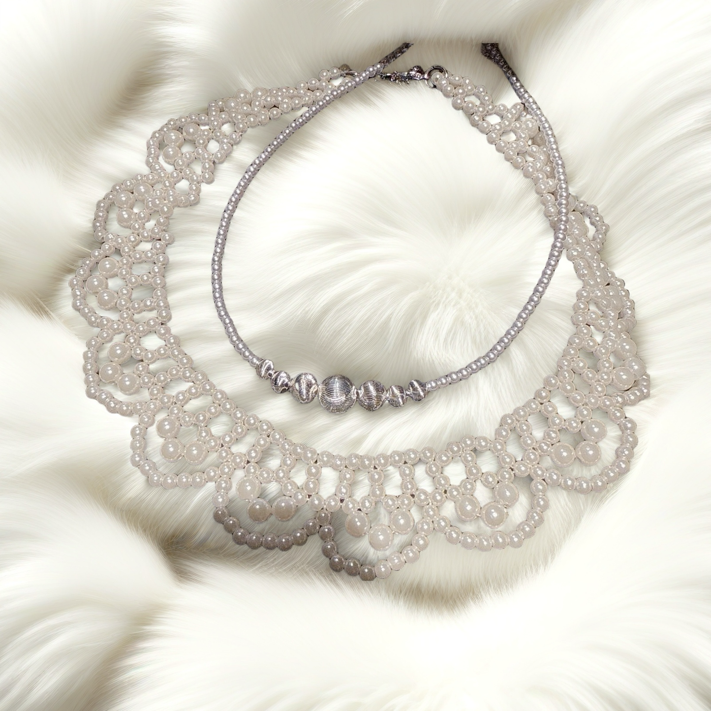 Lace pearl petal beaded necklace, Vintage brushed ball beads necklace, Layered wearing