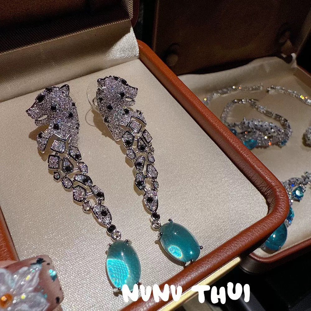 Jewelry, Italian vintage leopard egg-shaped gemstone necklace, wedding banquet, yellow fluorite leopard bracelet, set,blue