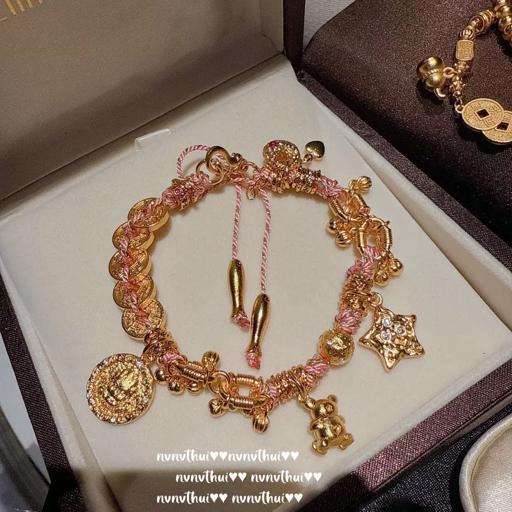 Ancient-style golden inlaid star-shaped small yellow fish coiled bracelet, new Chinese style, rich lady, copper coin gourd fortune bead bracelet