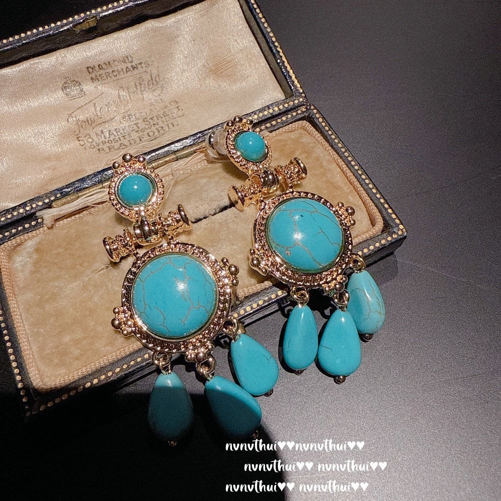 Italian vintage relief petal turquoise teardrop earrings, courtly teardrop blue turquoise ear pendants