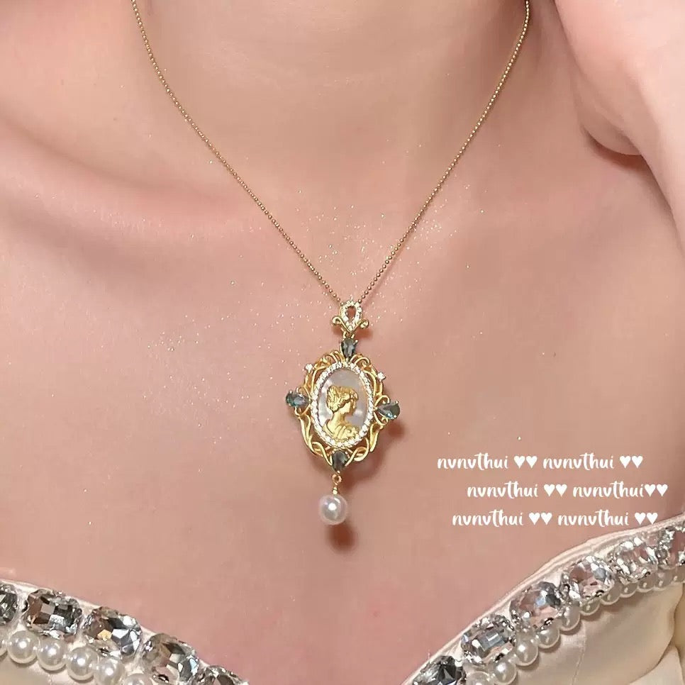 Babylonian Goddess Mother-of-Pearl Necklace with Textured Gold Plated 18K Gold, Honeycomb Goddess Zircon and Pearl Earrings