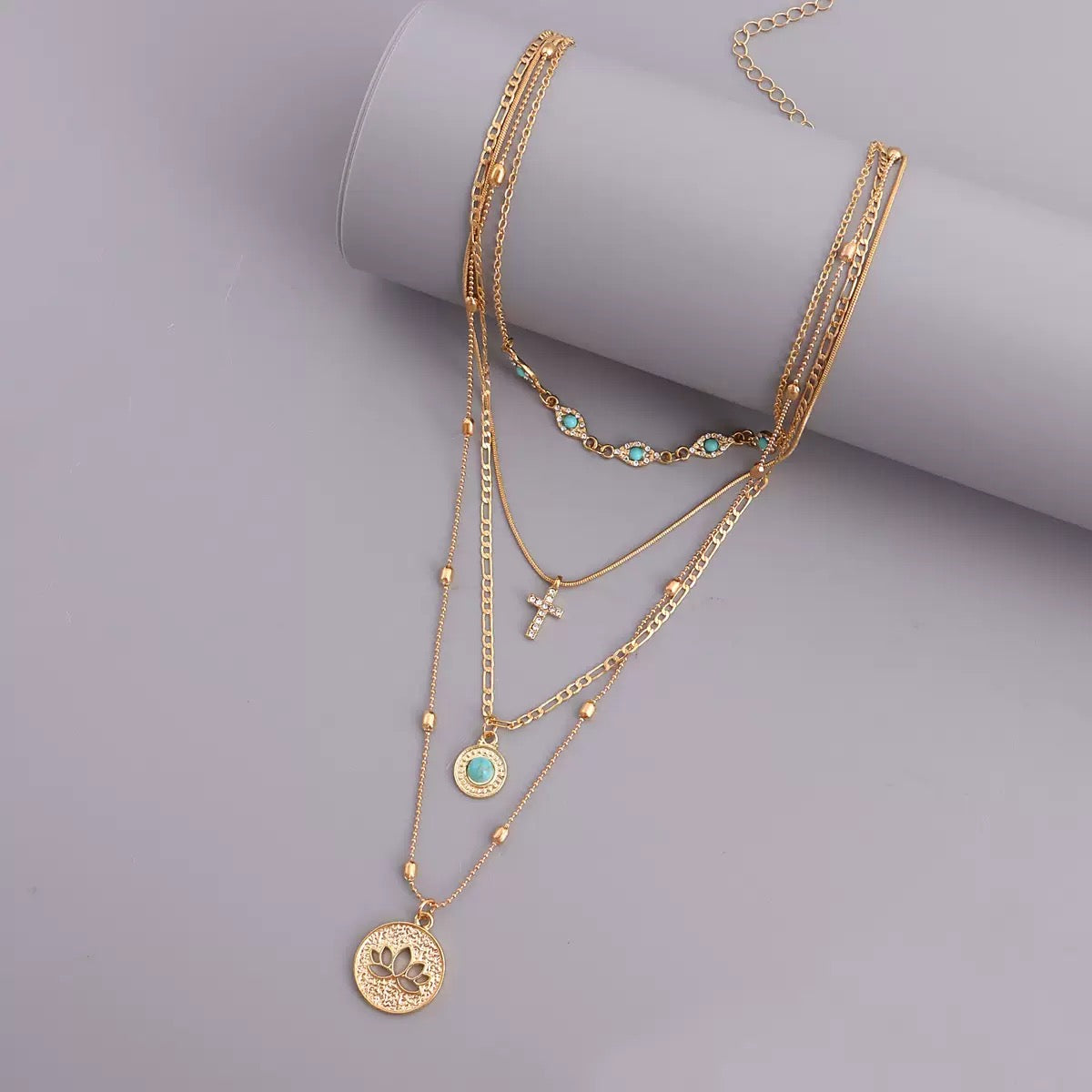 Fashionable ins multi-layer small hole chain hollow flower diamond-encrusted cross pendant necklace