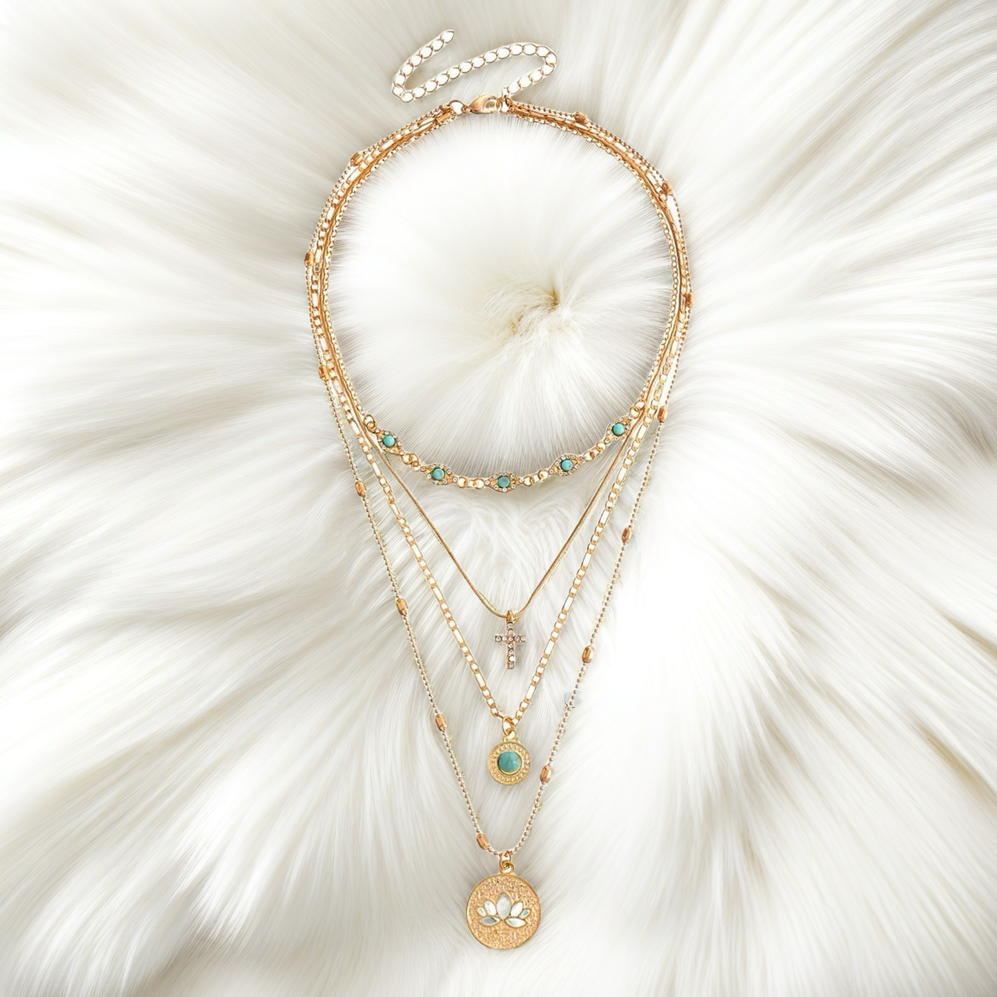 Fashionable ins multi-layer small hole chain hollow flower diamond-encrusted cross pendant necklace