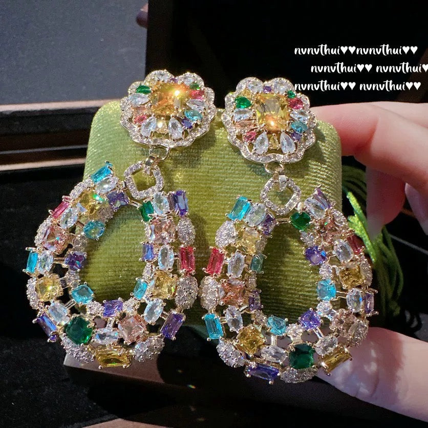 Macaron gemstone flower hoop earrings, Vintage 18K gold plated, Twilight Yellow hand-held flower zirconia