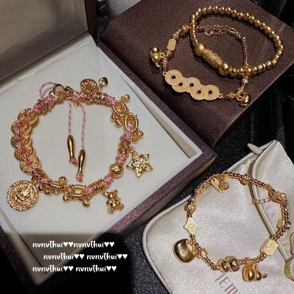 Ancient-style golden inlaid star-shaped small yellow fish coiled bracelet, new Chinese style, rich lady, copper coin gourd fortune bead bracelet