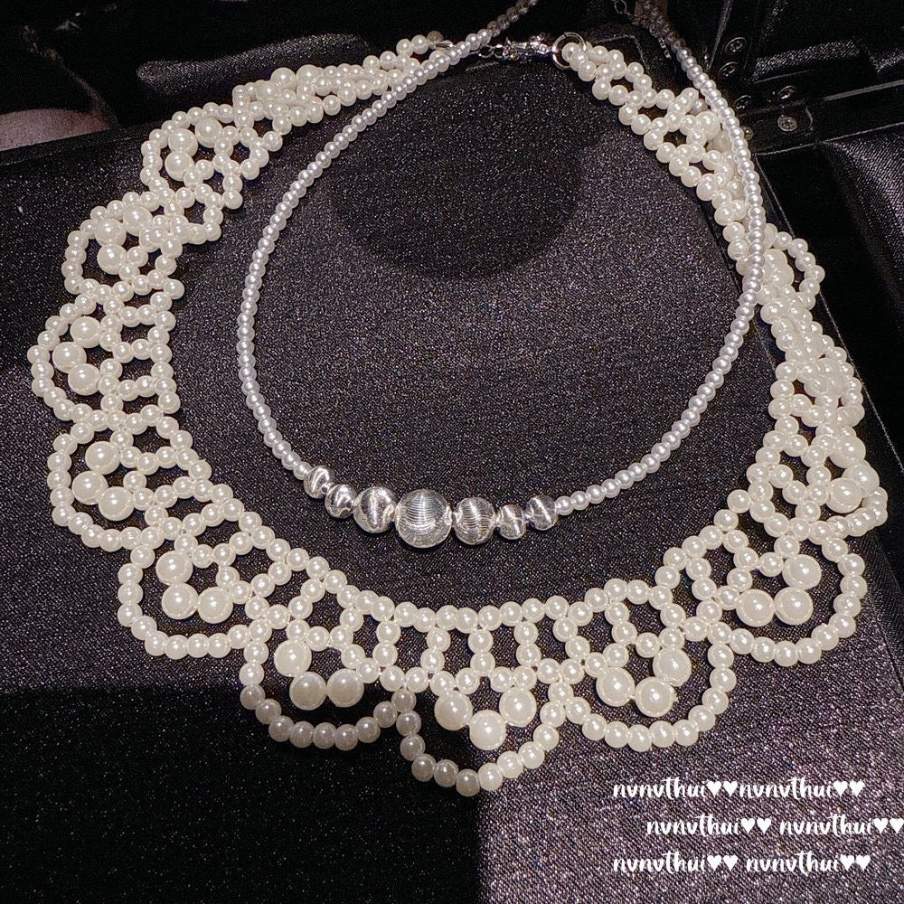 Lace pearl petal beaded necklace, Vintage brushed ball beads necklace, Layered wearing