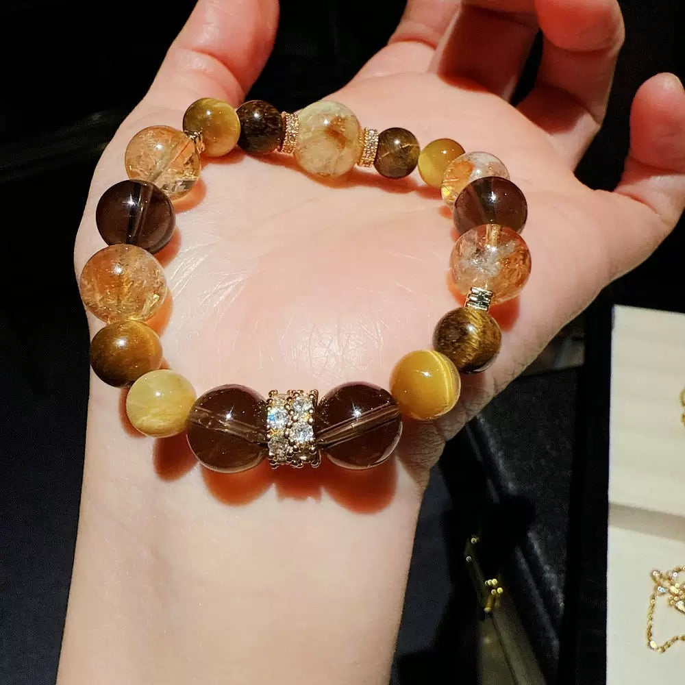 Ancient-style golden engraved and inlaid aphorism lucky charm yellow crystal bracelet