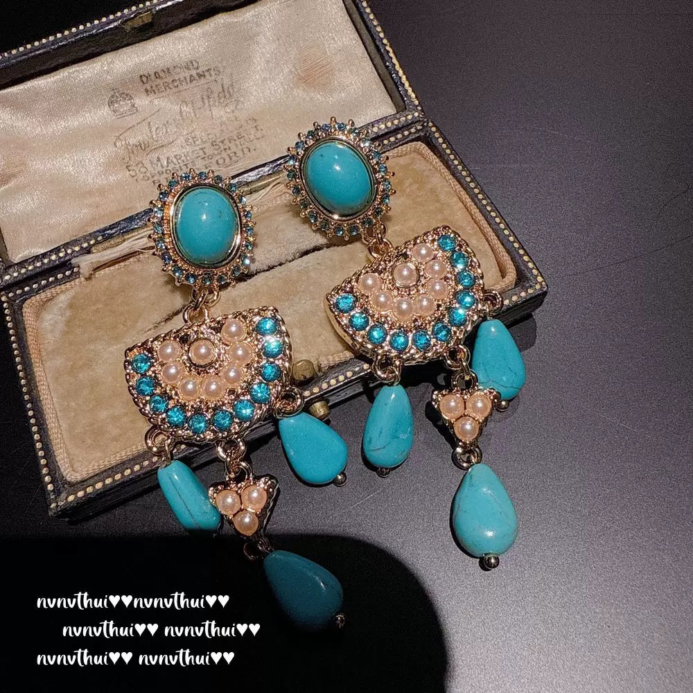 Italian vintage relief petal turquoise teardrop earrings, courtly teardrop blue turquoise ear pendants
