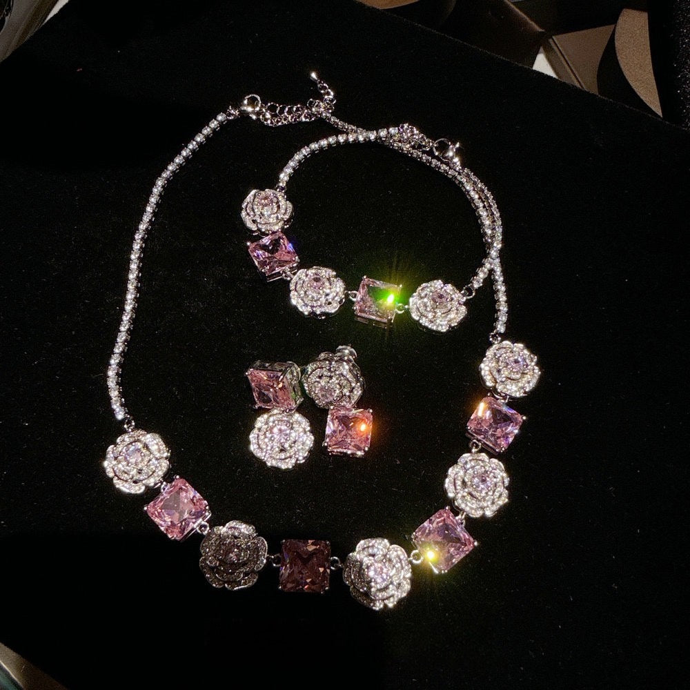 Flower Fairy Rose Pink Square Gemstone Necklace Papalacha 18K Gold Plated Camellia Pollen Zircon Bracelet