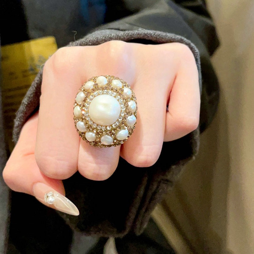 Lace Honeycomb Rainbow Gem Ring Tahiti Sea Pearl Arc Brushed Snowflake Zircon Ring Combination
