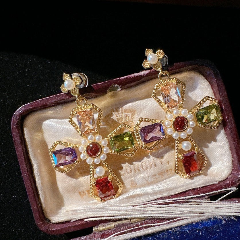 Rainbow raindrop gemstone necklace antique plated 18K gold noblewoman rouge flower zircon earrings
