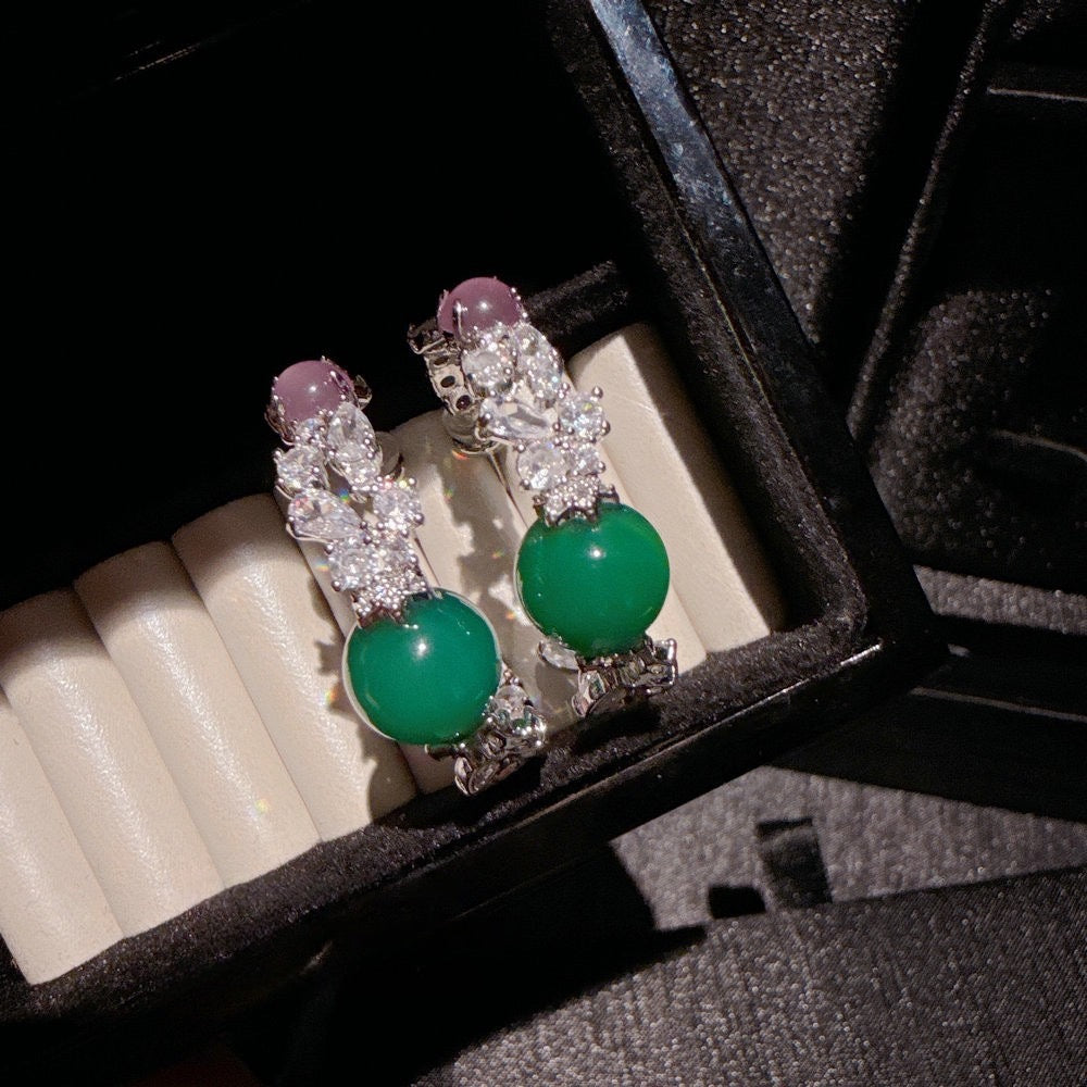 Madagascar Purple Jade Marrow Flower Vine Green Jade Marrow Earrings New Chinese Vine Powder Jade Marrow Gourd Fulu Earrings