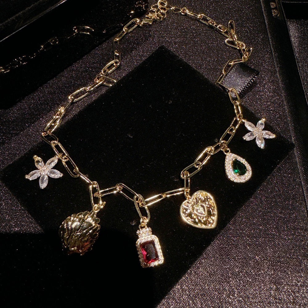 Vintage Austrian Flower Gilded Water Drop Gem Necklace, Rich and Charming Pomegranate Red Zircon Love Necklace