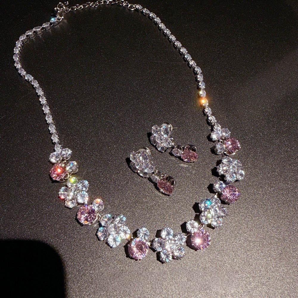 Peach Blossom Sea Sparkling Diamond Flower Necklace Banquet Wedding Rich and Noble Flower Sparkling Diamond Earring Set