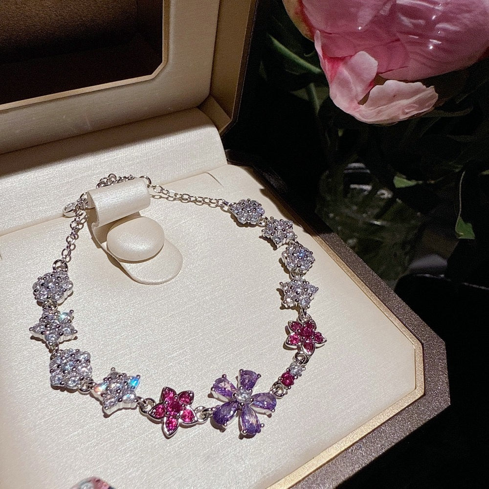 Peach Blossom Sea Iris Purple Blossom Gemstone Necklace Banquet High Order Lavender Purple Sugar Zircon Neck Chain Set