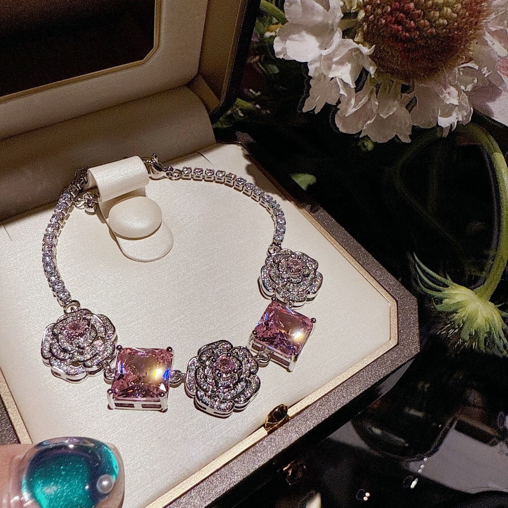 Flower Fairy Rose Pink Square Gemstone Necklace Papalacha 18K Gold Plated Camellia Pollen Zircon Bracelet