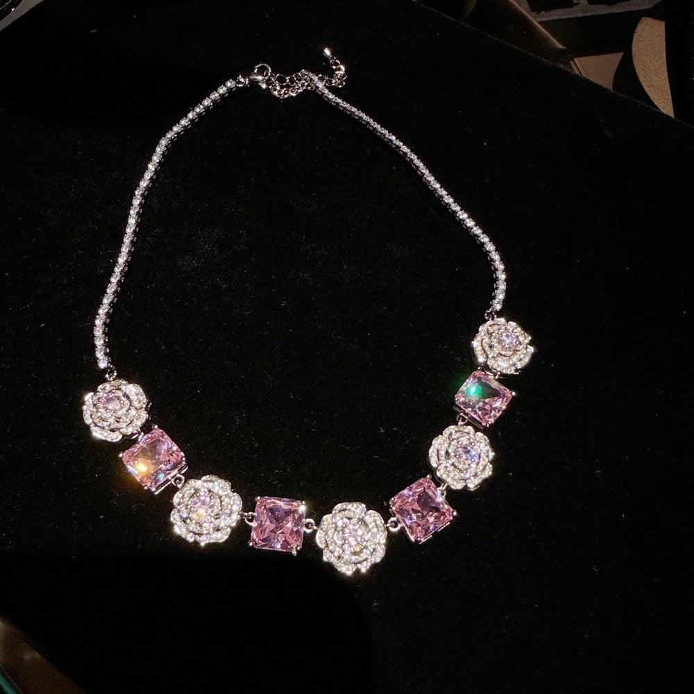 Flower Fairy Rose Pink Square Gemstone Necklace Papalacha 18K Gold Plated Camellia Pollen Zircon Bracelet