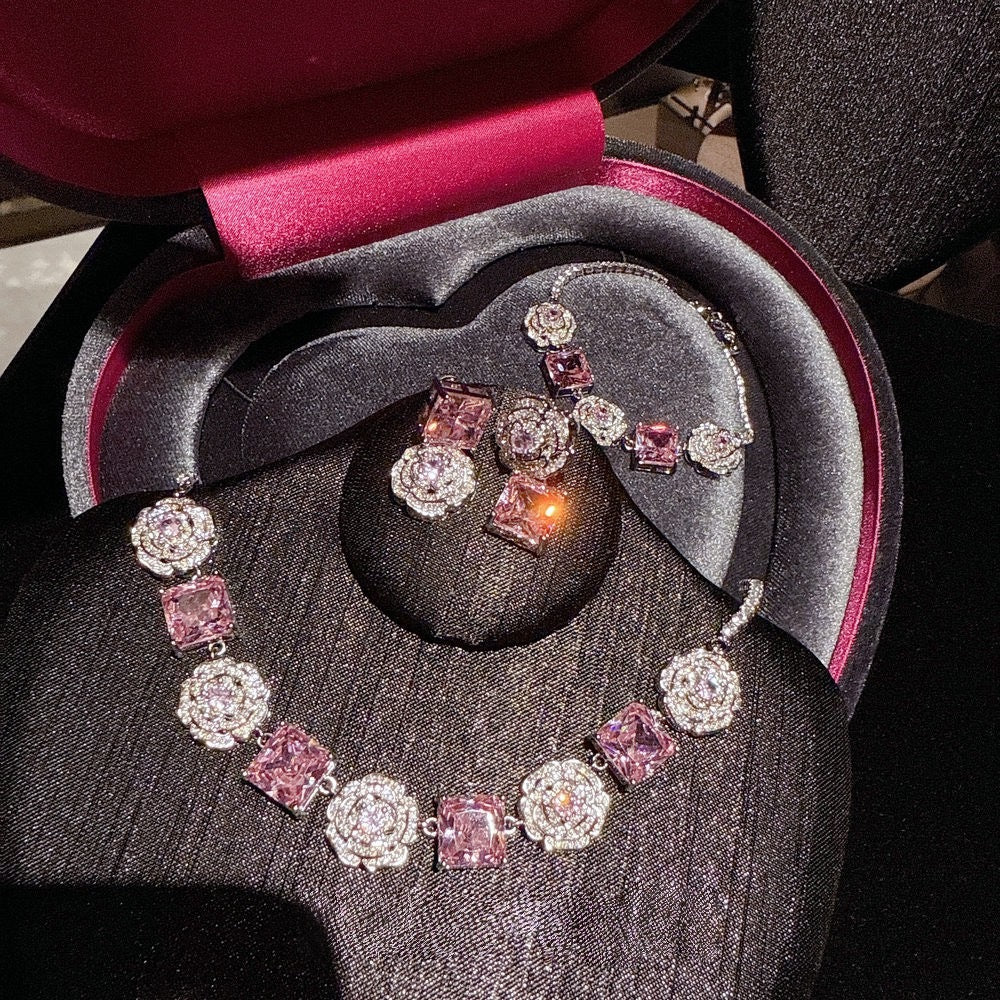 Flower Fairy Rose Pink Square Gemstone Necklace Papalacha 18K Gold Plated Camellia Pollen Zircon Bracelet