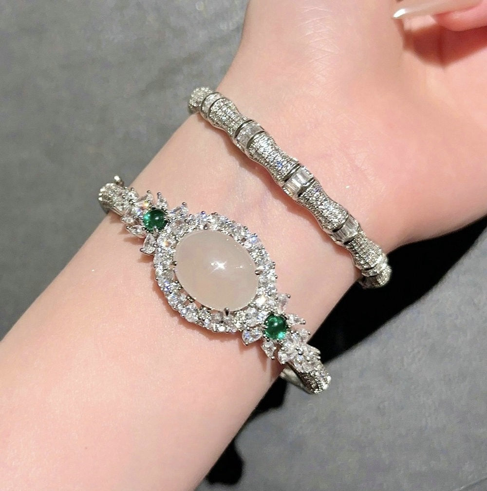 Brilliant letter gemstone bracelet plated with 18K gold, zircon bamboo shaped sparkling diamond bracelet with adjustable opening