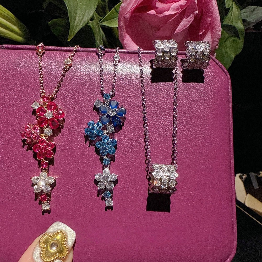 Italian Retro Royal Blue Flower Gemstone Bracelet Vintage Egg Shaped Cheetah Zircon Ring Set