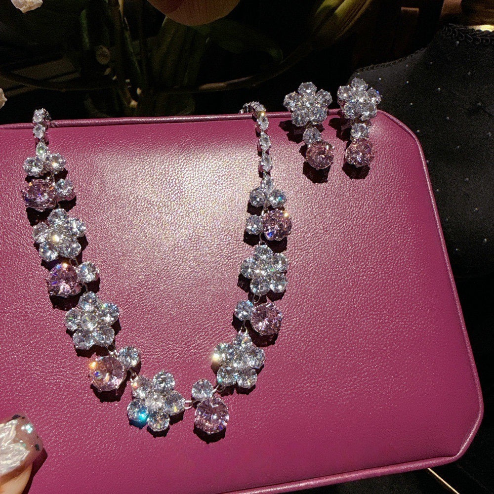 Peach Blossom Sea Sparkling Diamond Flower Necklace Banquet Wedding Rich and Noble Flower Sparkling Diamond Earring Set