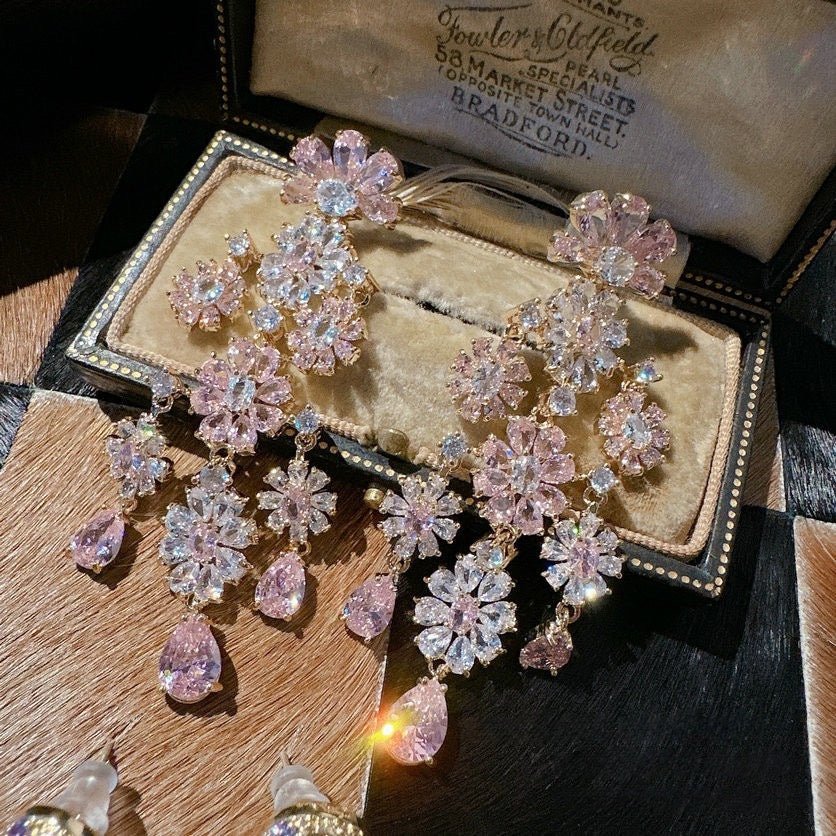Papalacha pink gemstone grape string earrings with antique feel plated 18K gold Barbie pink flower bouquet zircon earrings