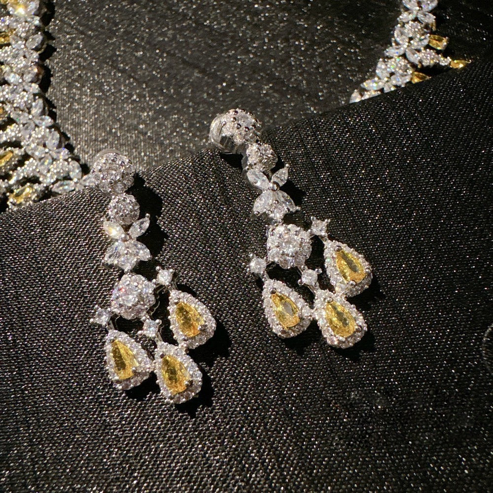 Austrian Crown Waterdrop Flower Gemstone Necklace Vintage Plated 18K Gold Twilight Yellow Teardrop Zircon Bracelet