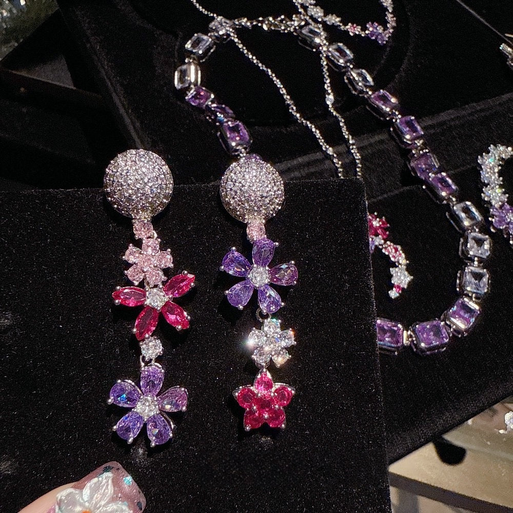 Peach Blossom Sea Iris Purple Blossom Gemstone Necklace Banquet High Order Lavender Purple Sugar Zircon Neck Chain Set