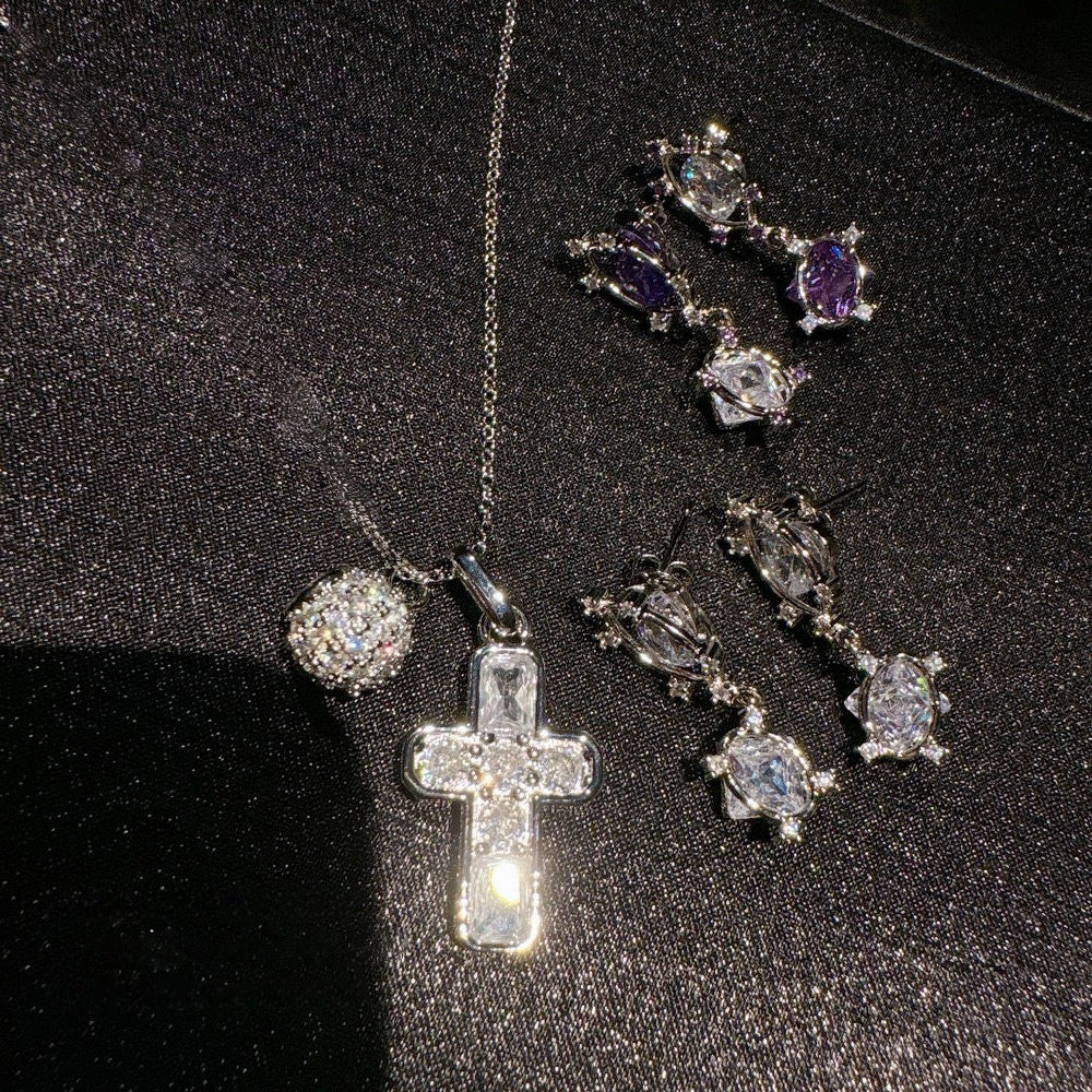Canruo Star River Cross Gem Necklace Vintage 18K Gold Vine Pea Zircon Earrings