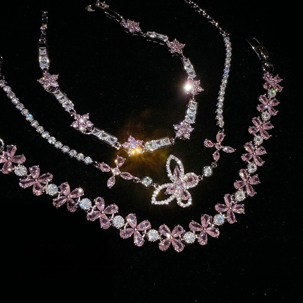 Jewelry Flower Butterfly Jewel Bracelet Plated with 18K Gold Crystal Small Waist Bead Flower God Bracelet Necklace Set