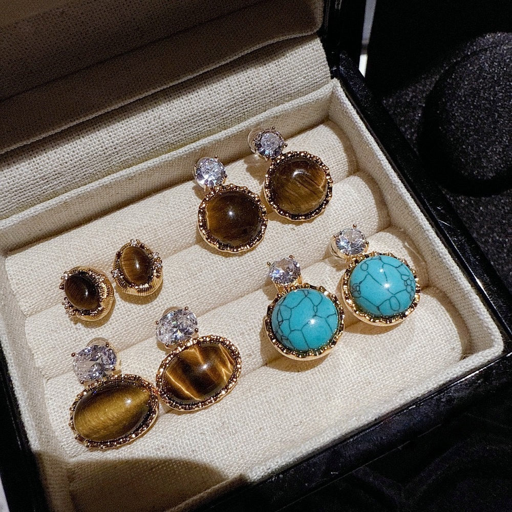 Jewelry antique style natural tiger eye stone earrings attract wealth and show off white, yellow, turquoise, diamond studded temperament earrings