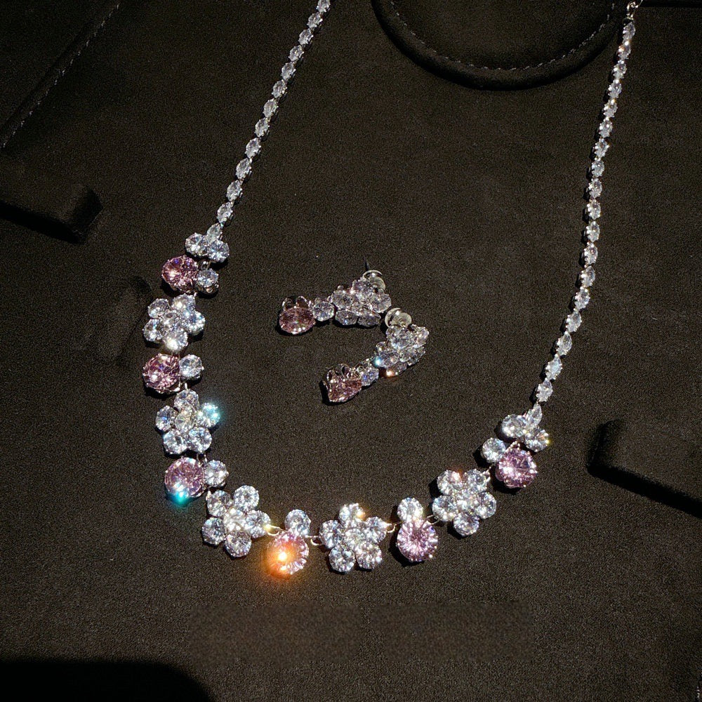Peach Blossom Sea Sparkling Diamond Flower Necklace Banquet Wedding Rich and Noble Flower Sparkling Diamond Earring Set