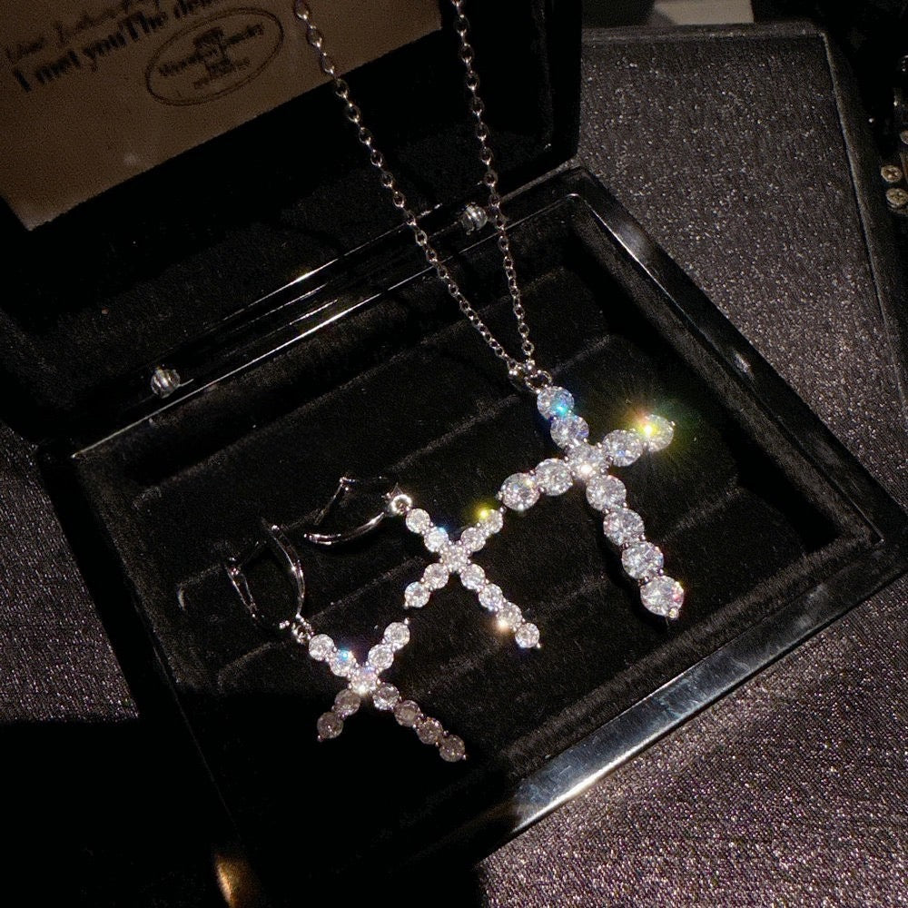 Canruo Star River Cross Gem Necklace Vintage 18K Gold Vine Pea Zircon Earrings