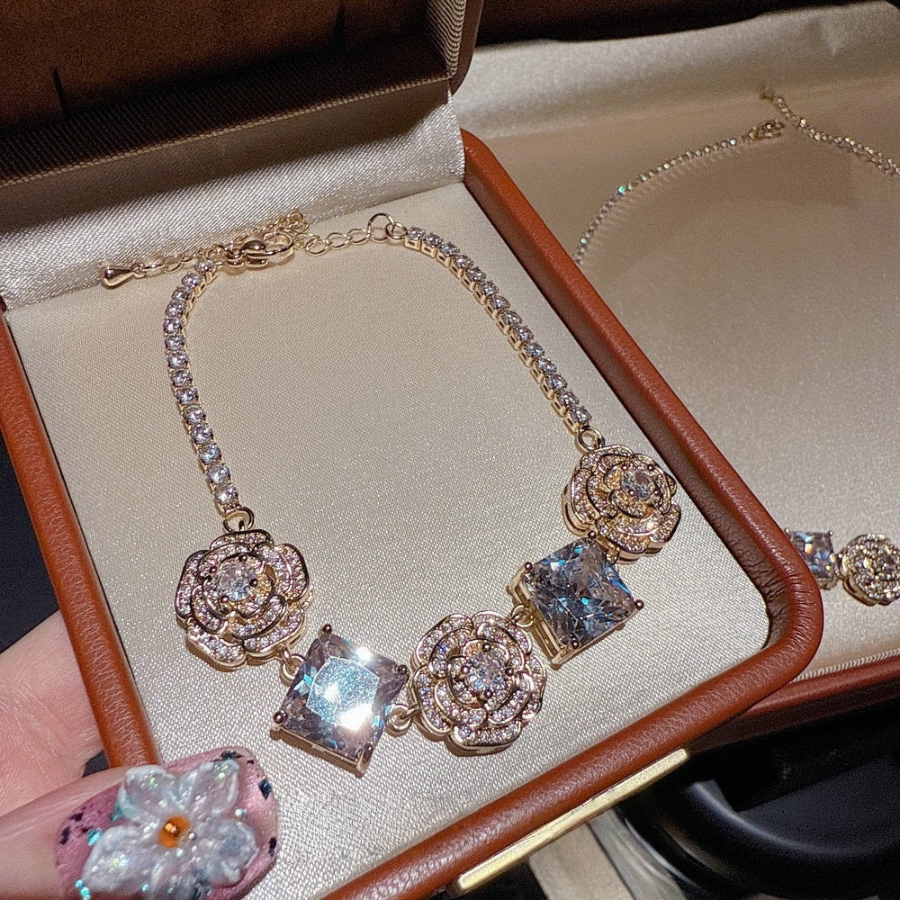 Flower Fairy Rose Pink Square Gemstone Necklace Papalacha 18K Gold Plated Camellia Pollen Zircon Bracelet