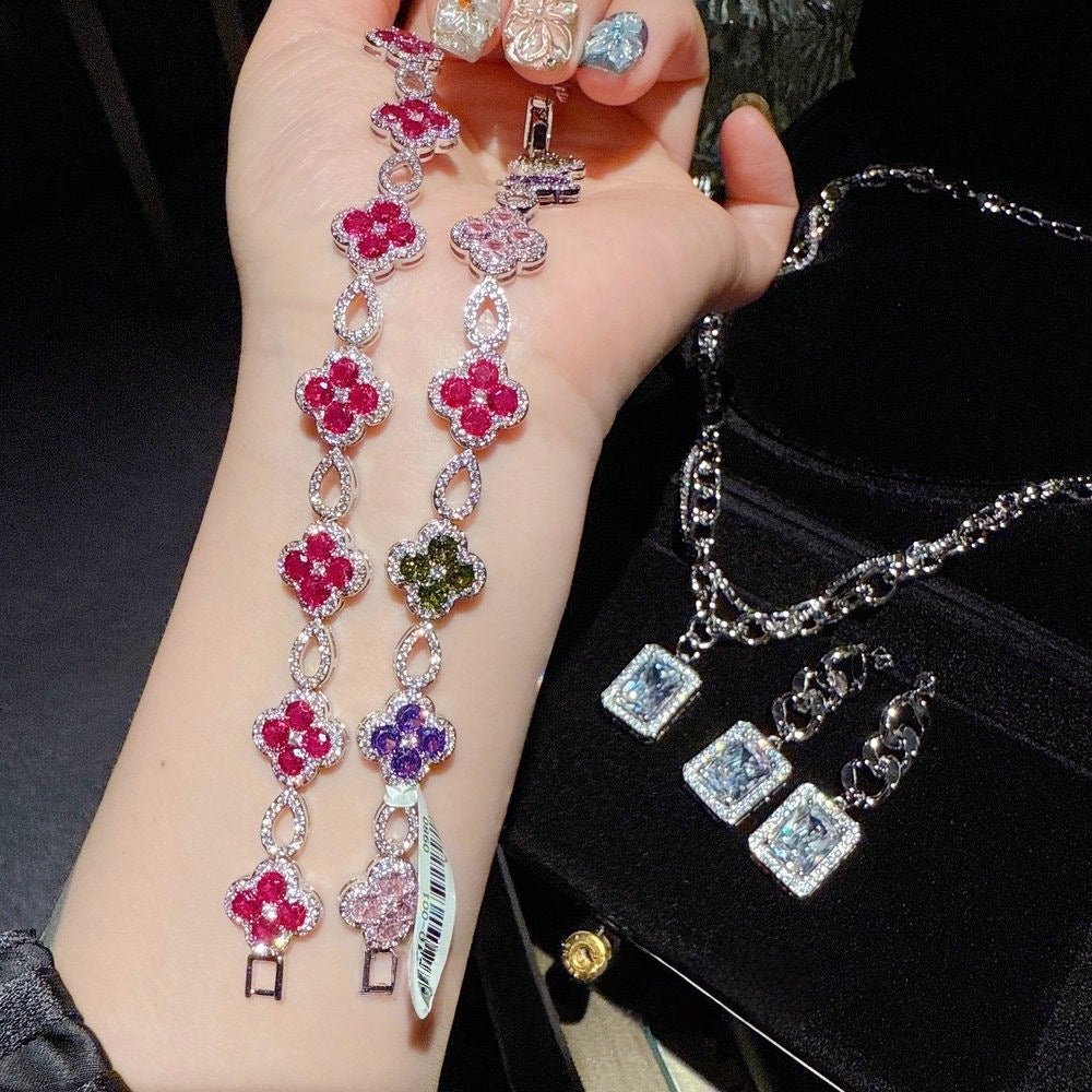 Midsummer Night's Dream Ruby Bracelet Banquet High Ding Color Treasure Small Flower Zircon Bracelet Set